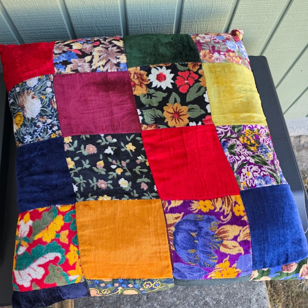Patchwork Velvet Throw Firm Pillow Floral Paisley 16x16 Square Boho Cushion